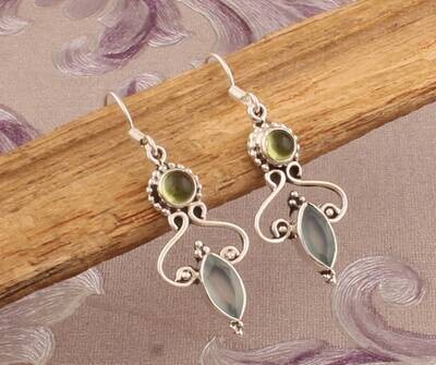 925 Sterling Silver Peridot &amp; Aqua Chalcedony Gemstone Earrings, Designer Handmade Bridal Jewelry Valentine's Day Gift Idea