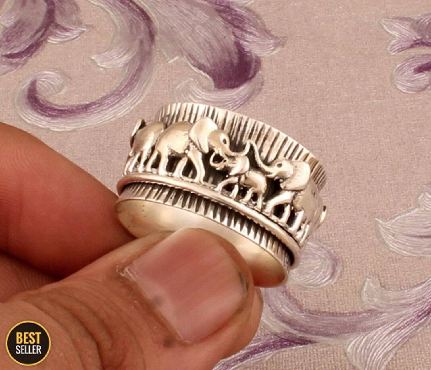Thumb Ring 925-Sterling Silver Ring,Antique Silver Ring,Spinner Ring,Two Tone Ring Elephant &amp; Elephant Family Spinner RingBirthstone