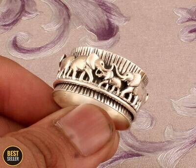 Thumb Ring 925-Sterling Silver Ring,Antique Silver Ring,Spinner Ring,Two Tone Ring Elephant &amp; Elephant Family Spinner RingBirthstone