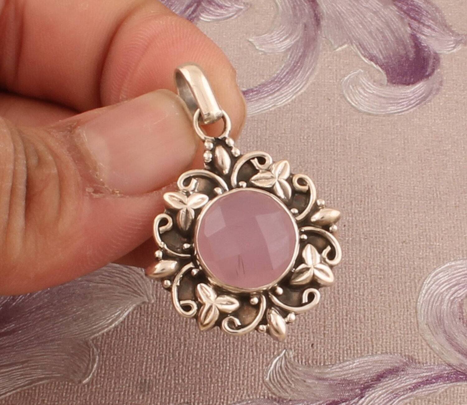 925 Sterling Silver Pink Chalcedony Necklace Pendant, Boho Pink Round Gemstone Flower Silver Pendant, Valentine's Day Gift,