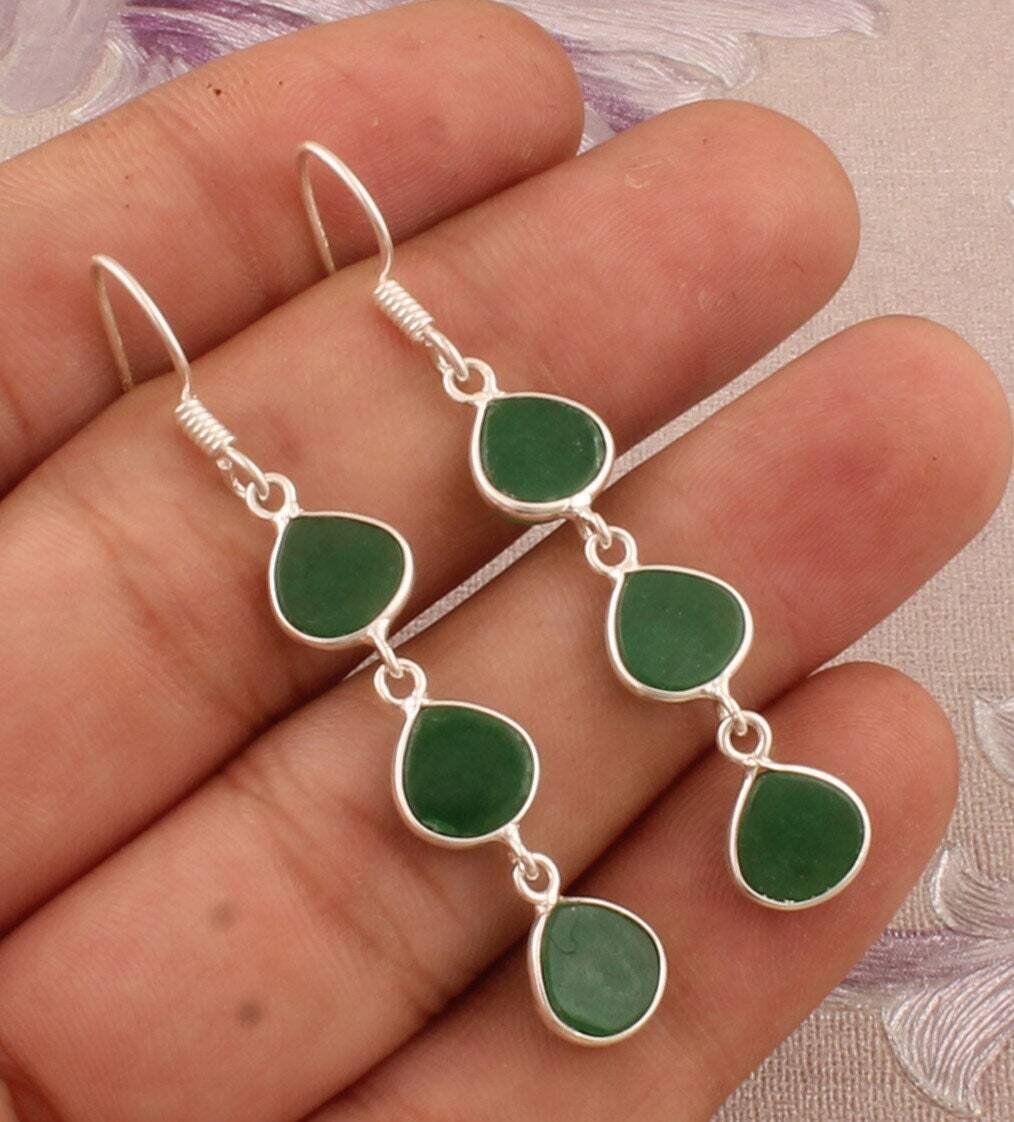 Designer Three Stone Silver Earrings, 925 Sterling Silver Gemstone Earrings, Bezel Set Green Jade Heart Shape Earrings, Christmas Gift Idea
