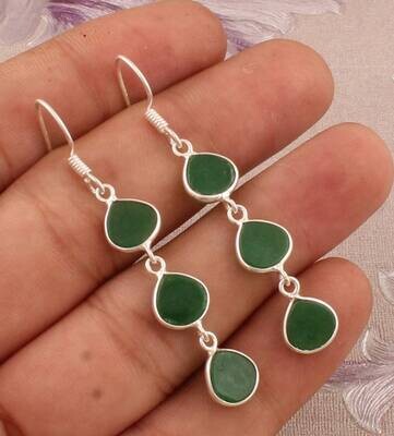 Designer Three Stone Silver Earrings, 925 Sterling Silver Gemstone Earrings, Bezel Set Green Jade Heart Shape Earrings, Christmas Gift Idea