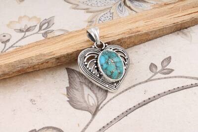 Heart Shape Pendant With Turquoise Gemstone Pendant 925-Sterling Solid Silver Pendant,Lovely Gift Item Pendant Boho