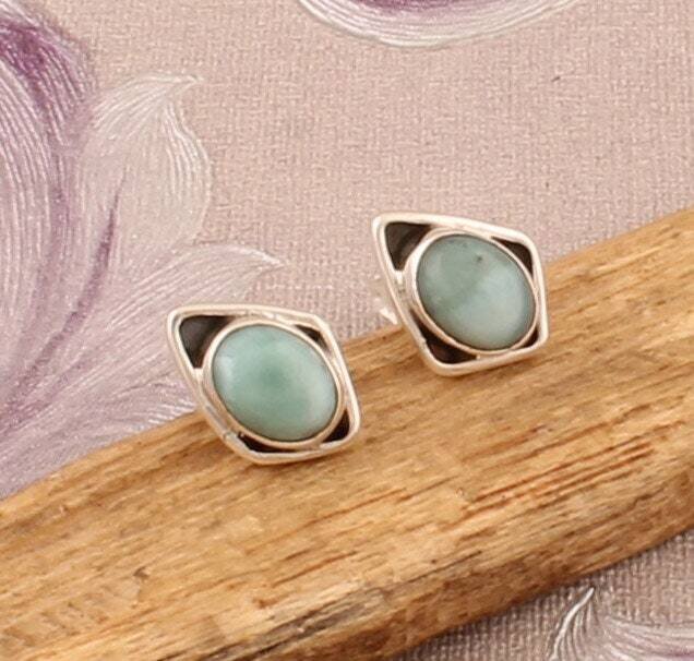 Larimar Gemstone Solid 925 Sterling Silver Stud Earrings, Designer Silver Earrings, Natural Gemstone Earrings, Handmade Earrings, Gift Idea