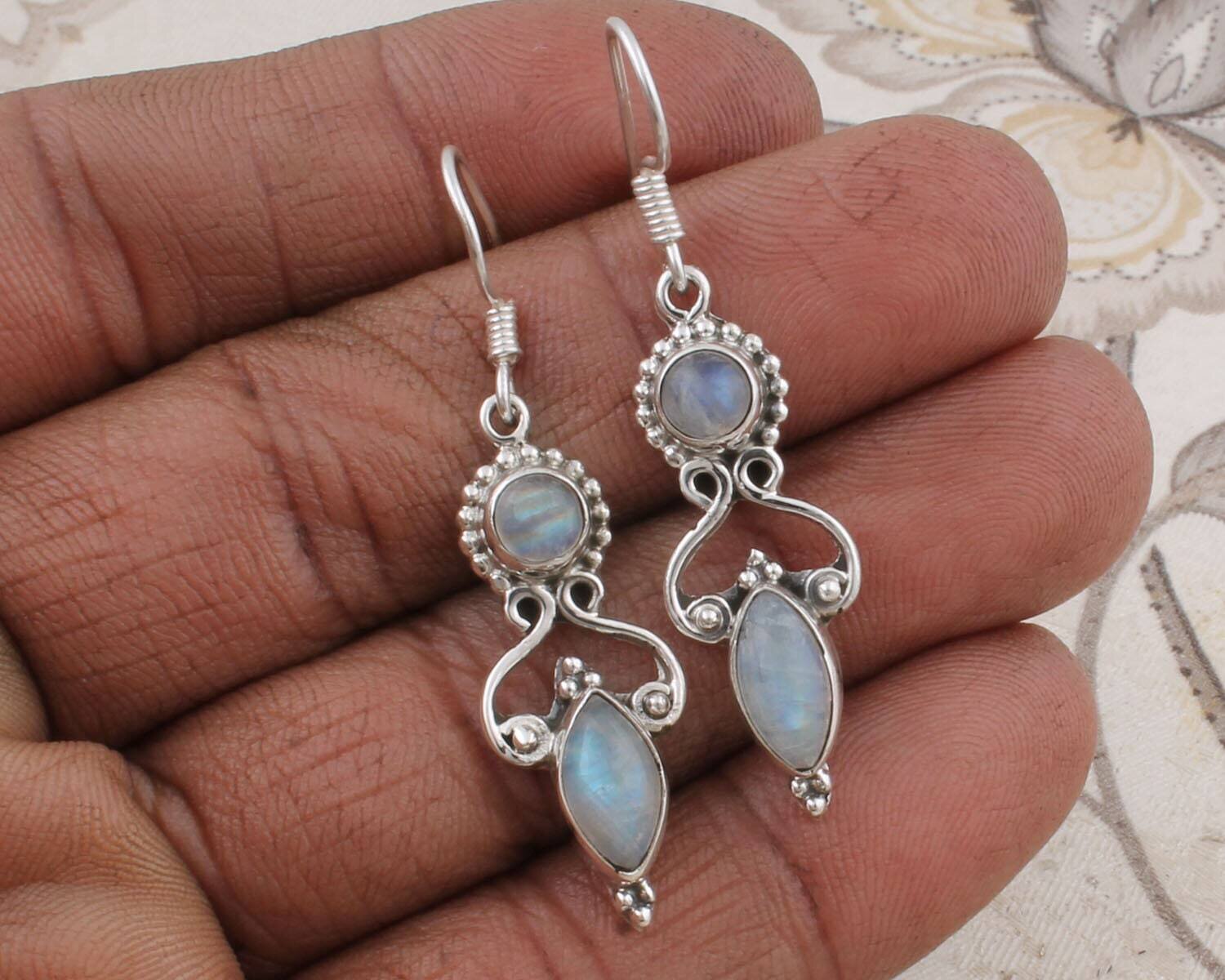 Rainbow Moonstone Top Quality Gemstone Handcrafted Earring Cabochon Stone Boho Earring 925-Antique Silver Earring Valentine's Day