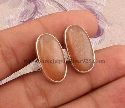 Natural Peach Moonstone Silver Cufflink, Men's Jewelry 925 Sterling Silver Cufflink, Oval Gemstone Cufflink, Handmade Cufflink, Gift For Him