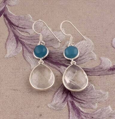 Combo Gemstone Earring Blue Jade+Crystal Gemstone Earring 925-Sterling Silver Earring Big Size Two Stone Earring Long Gift EarringCyber