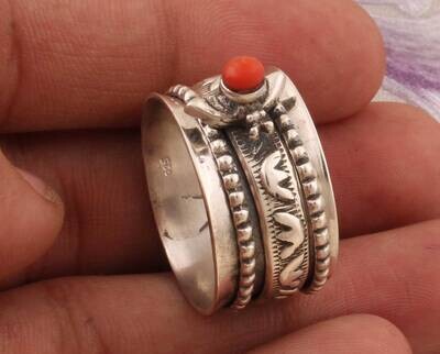 Amazing Coral Top Quality Gemstone Ring 925-Antique Silver Ring,Silver Spinner Ring,Small Stone Ring Thumb Ring Spinner Ring Gift For Her