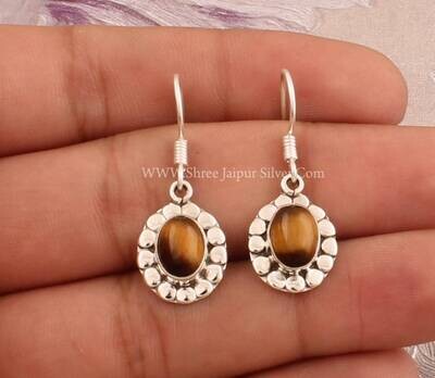 925 Sterling Silver Tiger Eye Oval EarringBirthstone