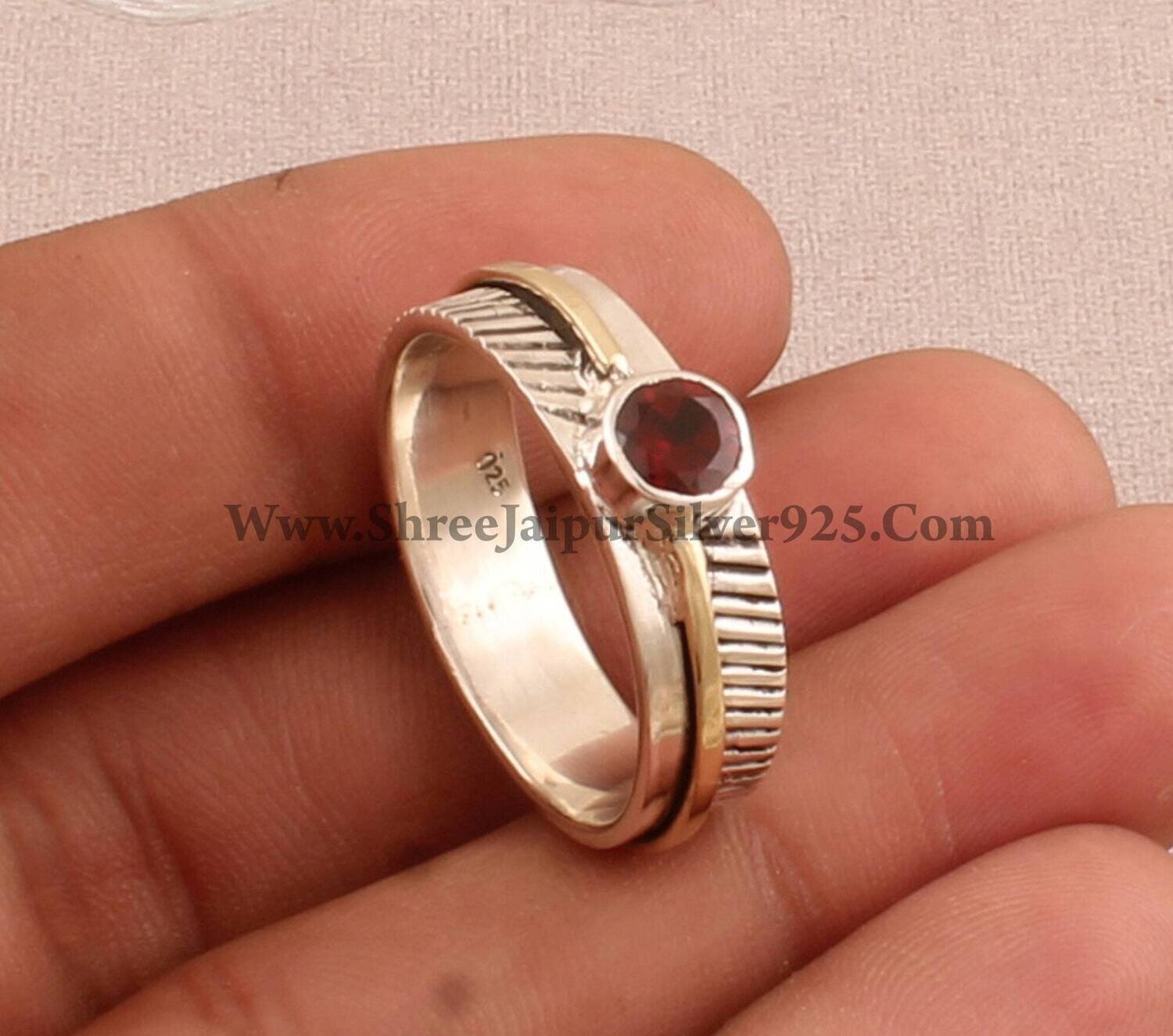925 Sterling Silver &amp; Brass Red Garnet Round Gemstone Rings, Designer Handmade Two Tone Band Ring, Women Wedding Rings, Valentine's Day Gift