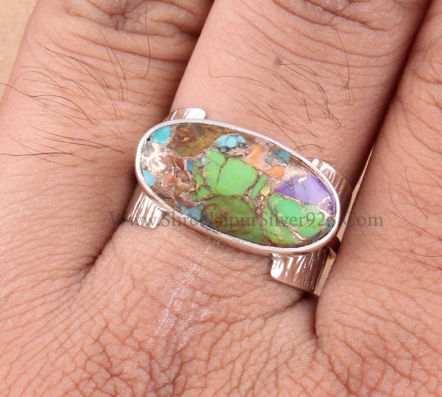 925 Sterling Silver &amp; Brass Band Ring, Mix Copper Gemstone Silver Band Ring, Designer Handmade Gemstone Silver Ring Christmas Gift For Women