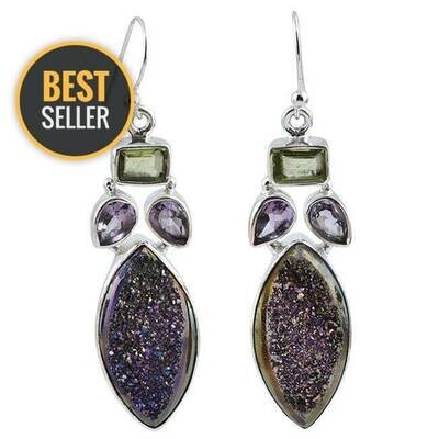 Combo Earring With Amethyst+Peridot+Solar Quartz Druzy Gemstone Earring Cut &amp; Carving Stone's Boho Earring 925-Sterling Solid Silver Earring