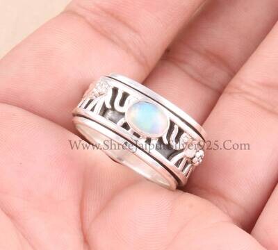 Natural Ethiopian Opal Oval Solid 925 Sterling Silver Elephant Spinner Ring For Women, Handmade Band Anxiety Fidget Ring Gifts Anniversary