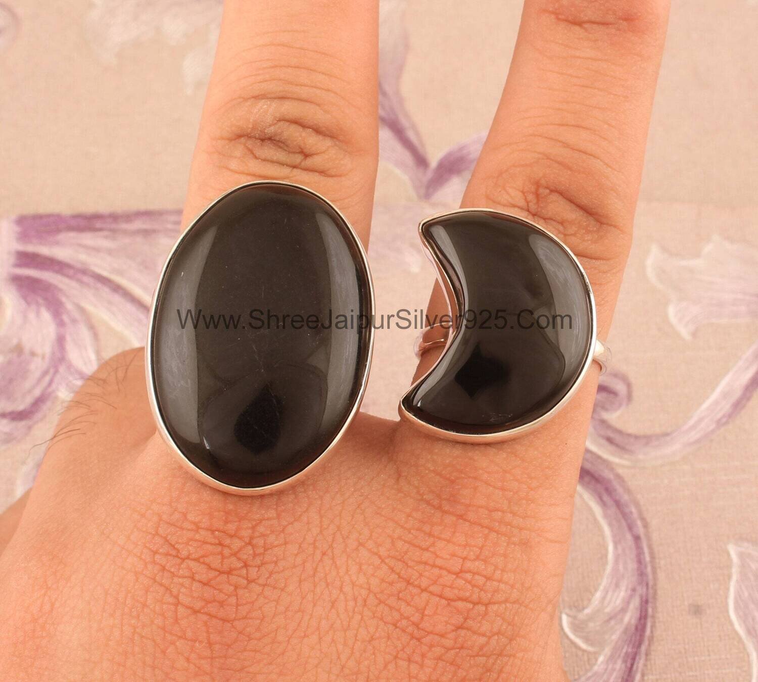 Natural Black Onyx Crescent Moon &amp; Oval Stone Solid 925 Sterling Silver Ring For Women Handmade Combo Moon Oval Ring For Wedding Anniversary