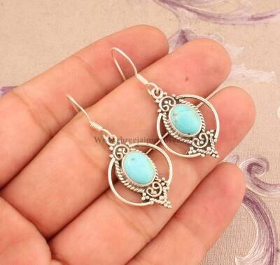 Tibetan Turquoise Solid 925 Sterling Silver Earrings For Women, Handmade Oval Stone Indian Design Earrings For Wedding Anniversary Gift Idea