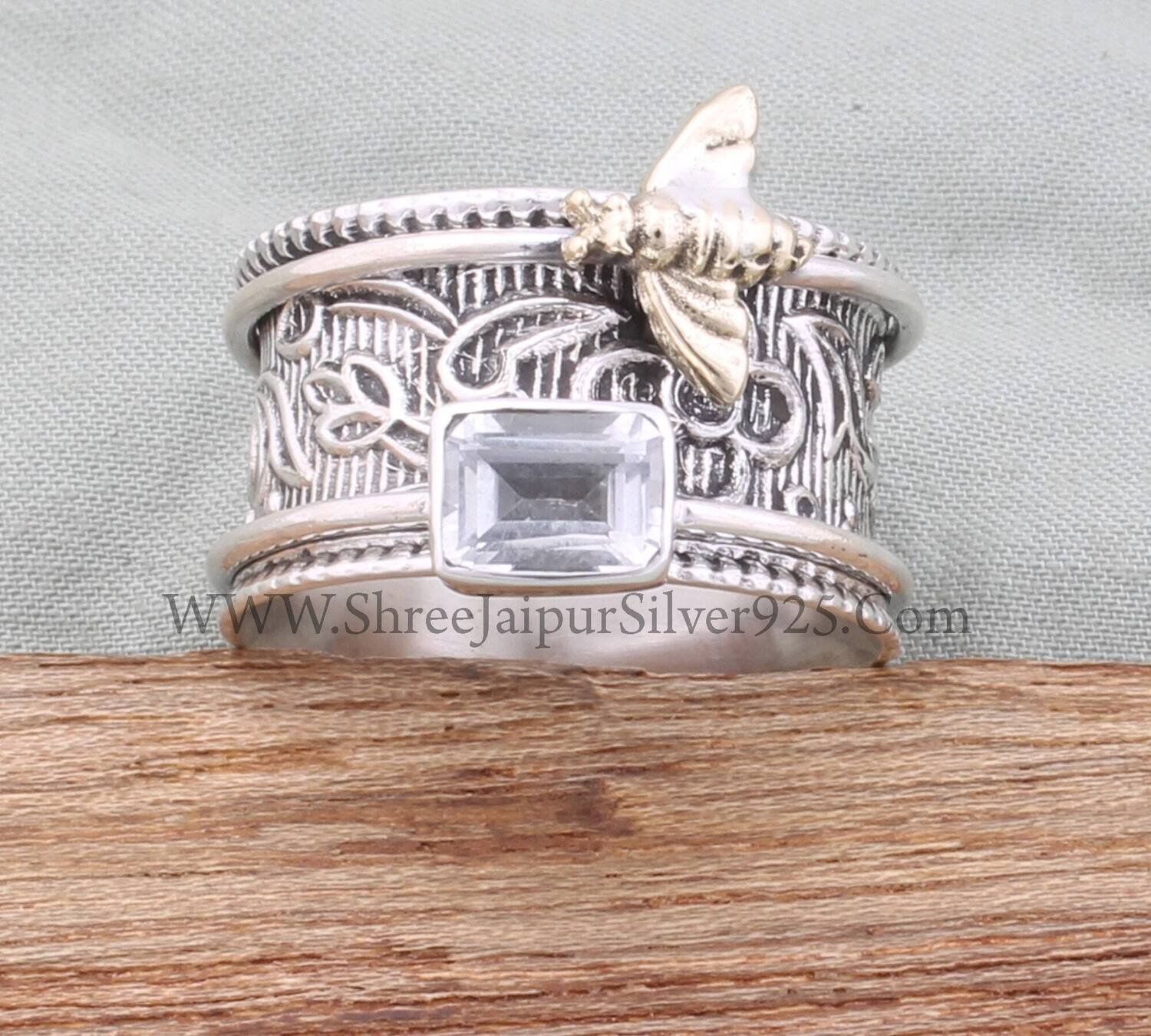 925 Sterling Silver &amp; Brass Crystal Quartz Spinner Ring, Handmade Honey Bee Engraved Wide Band Fidget Anxiety Ring Gifts For Her Anniversary