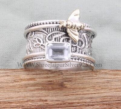 925 Sterling Silver &amp; Brass Crystal Quartz Spinner Ring, Handmade Honey Bee Engraved Wide Band Fidget Anxiety Ring Gifts For Her Anniversary