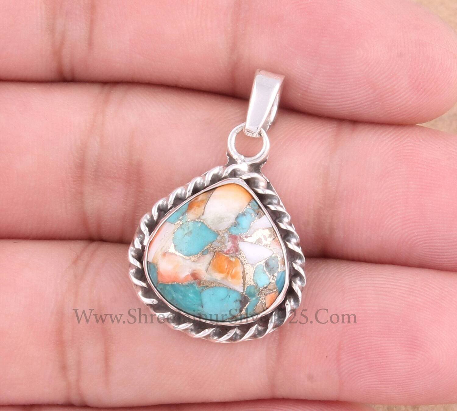 Heart Oyster Copper Turquoise Solid 925 Sterling Silver Necklace Pendant For Women, Handmade Stone Pendant For Wedding Anniversary Gift Idea