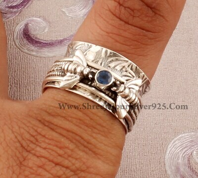 Kyanite Honey Bee Solid 925 Sterling Silver Spinner Ring, Handmade Honey Bee Meditation Ring, Round Gemstone Anxiety Ring, Boho Worry Ring
