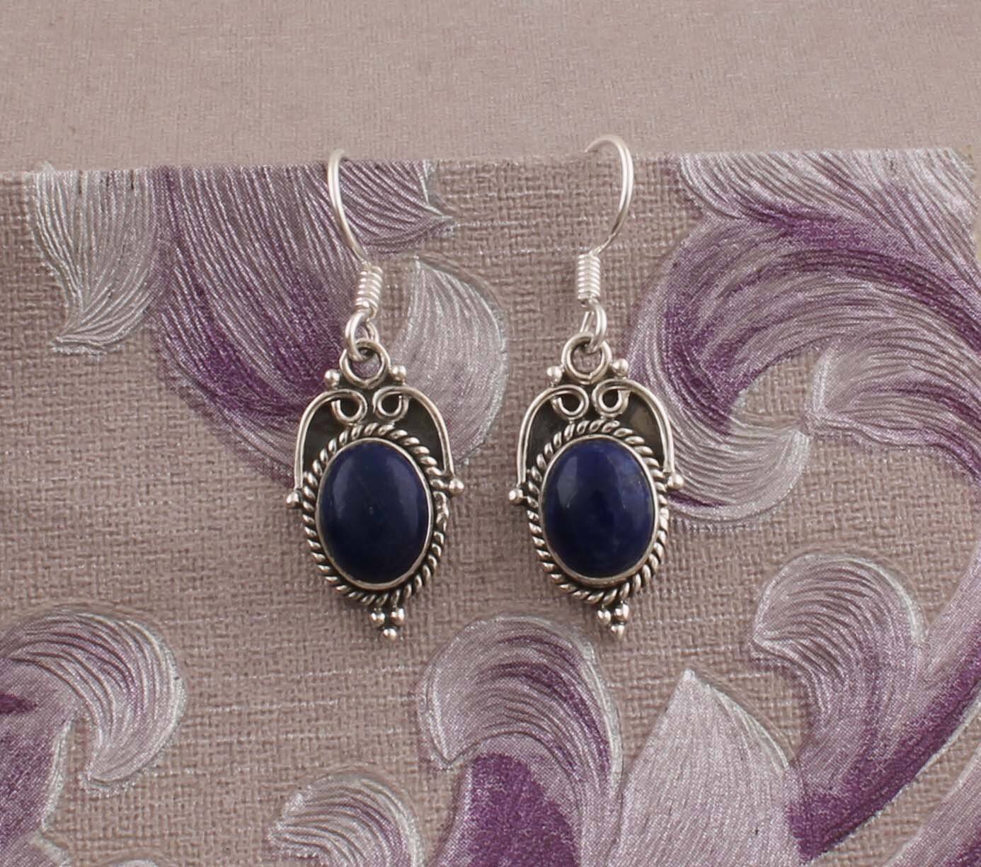 Lapis Boho AAA+ Quality Gemstone Earring, Oval Cabochon Stone Earring 925-Sterling Silver Earring, Antique Silver Earring Gift For Her