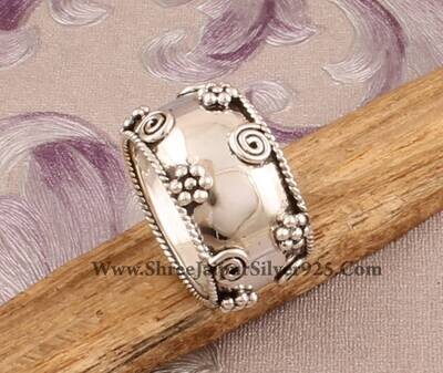 925 Sterling Silver Designer Flower &amp; Spiral Band Ring, Handmade Boho Silver Band Ring, Valentine's Day Jewelry Gift idea
