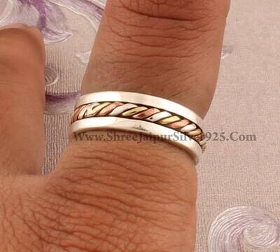 925 Sterling Silver &amp; Brass Designer Braided Spinner Ring, Handmade Three Tone Meditation Ring, Worry Ring, Valentines Day Gift Idea Jewelry