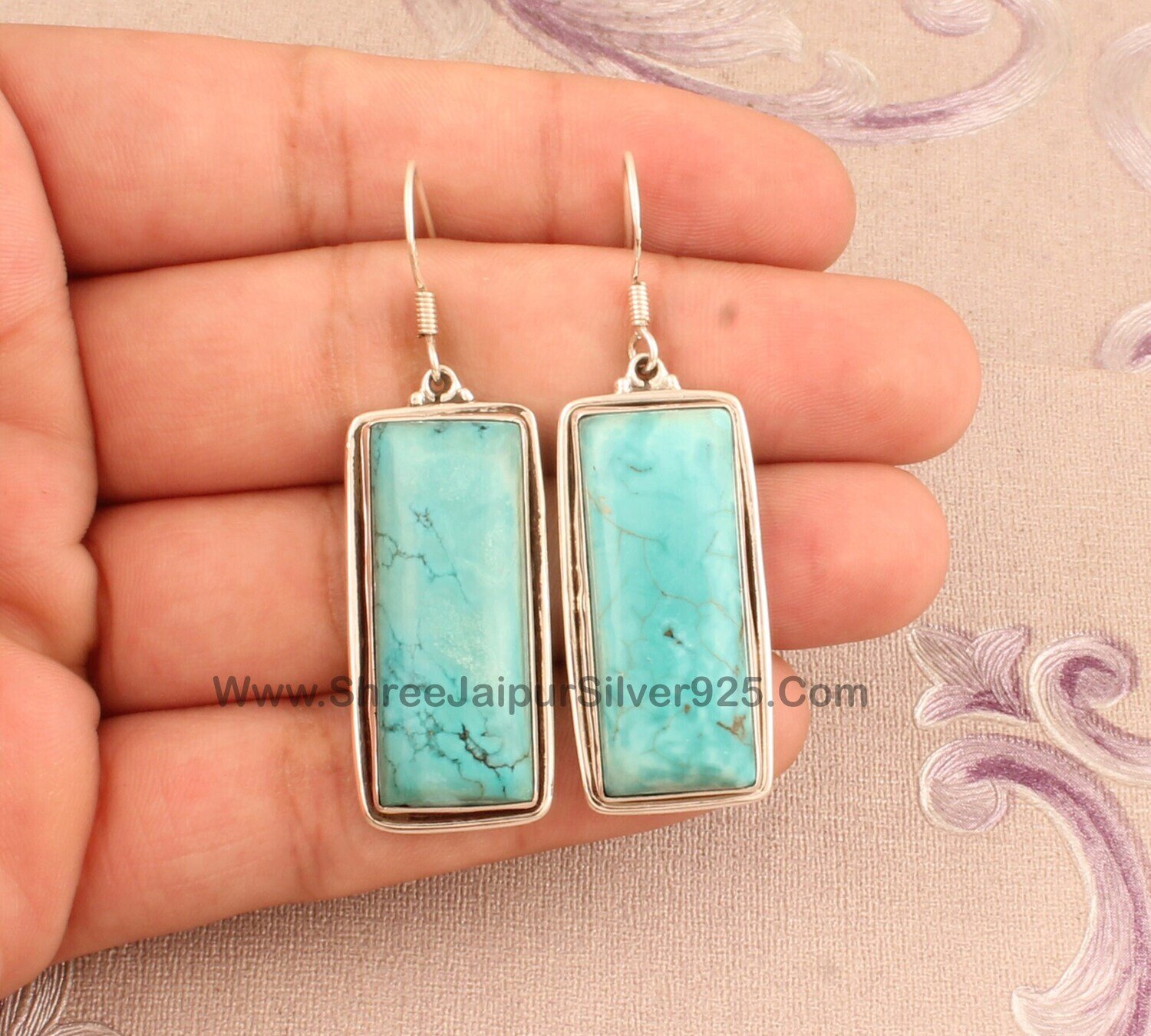 Tibetan Turquoise Rectangle Shape Stone Solid 925 Sterling Silver Earrings For Women, Handmade Silver Earrings For Wedding Anniversary Gift