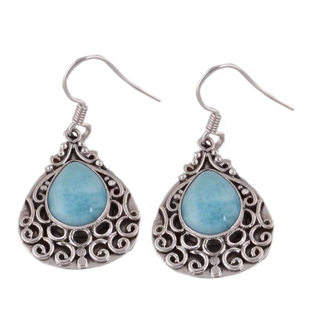 Larimar Pear Stone Solid 925 Sterling Silver Earrings For Women, Handmade Jewelry, Designer Boho Silver Larimar Earrings For Wedding Anniversary Gift