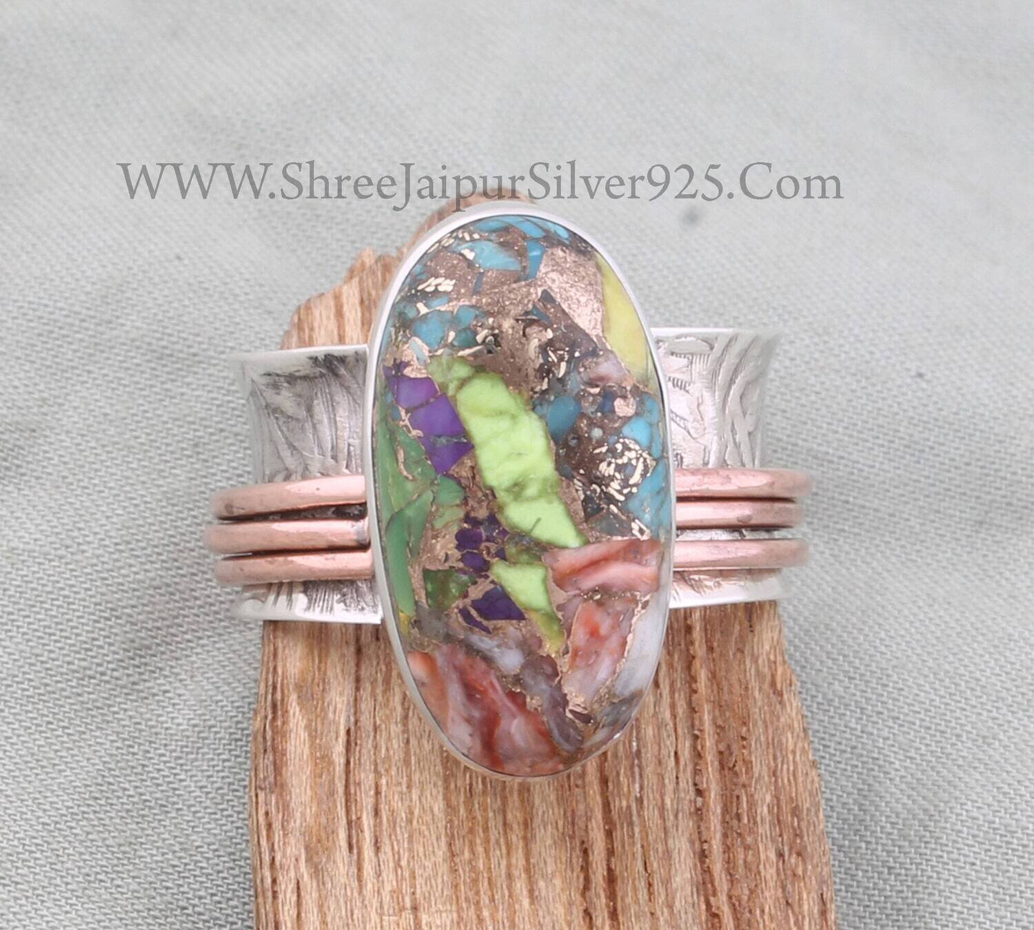 925 Sterling Silver &amp; Brass Mix Copper Turquoise Oval Gemstone Spinner Ring, Handmade Two Tone Meditation Ring, Valentine's Day Gift