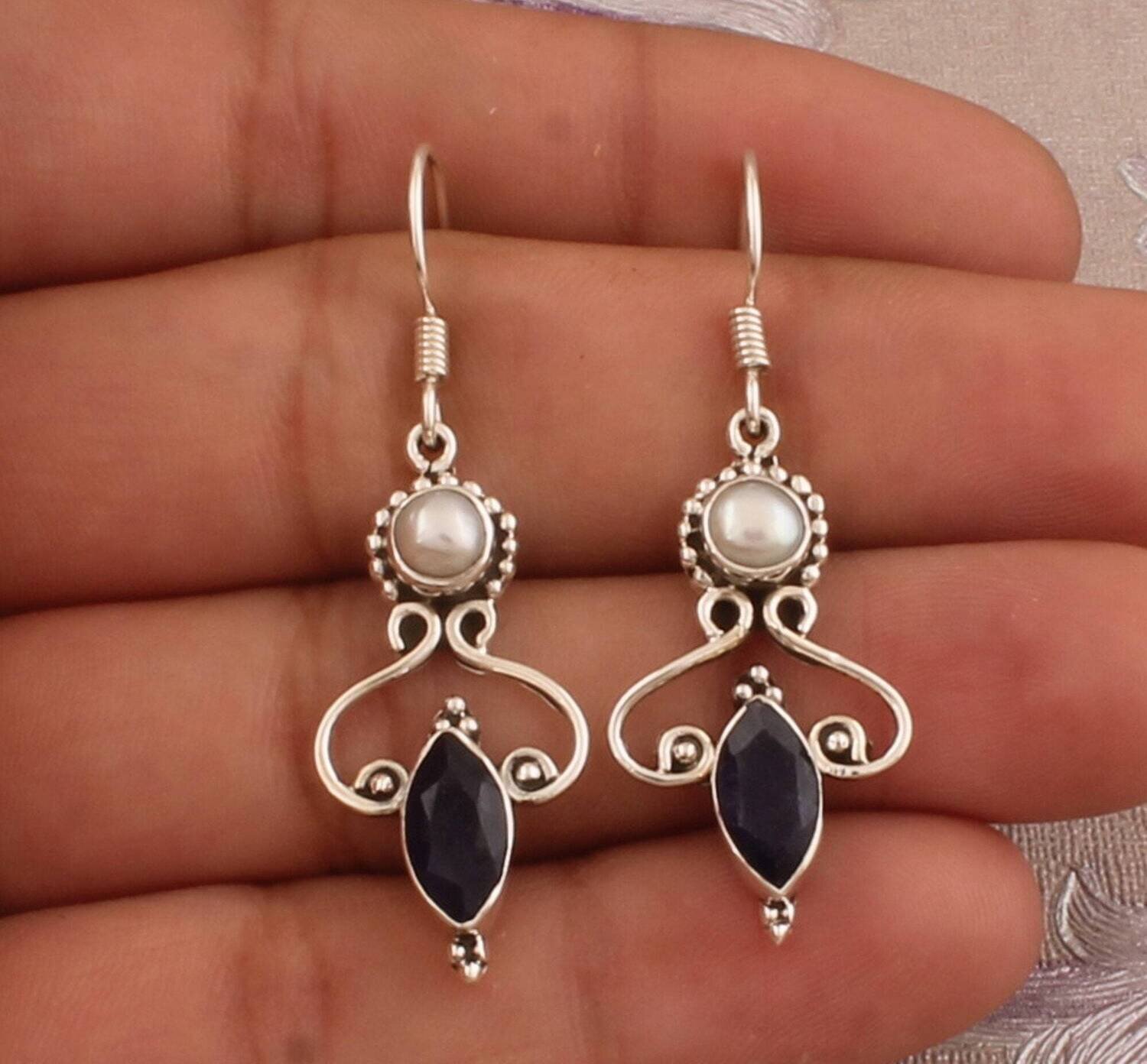 925 Sterling Silver Blue Sapphire &amp; Pearl Gemstone Earrings, Designer Handmade Bridal Jewelry, Valentine's Day Gift Idea