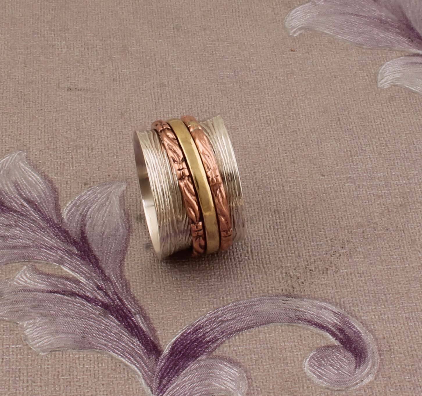 Three Tone Ring Solid 925-Sterling Silver Ring,Spinner Ring,Antique Silver Ring,Brass With Copper With Silver Spinner Meditation Ring Thumb Ring
