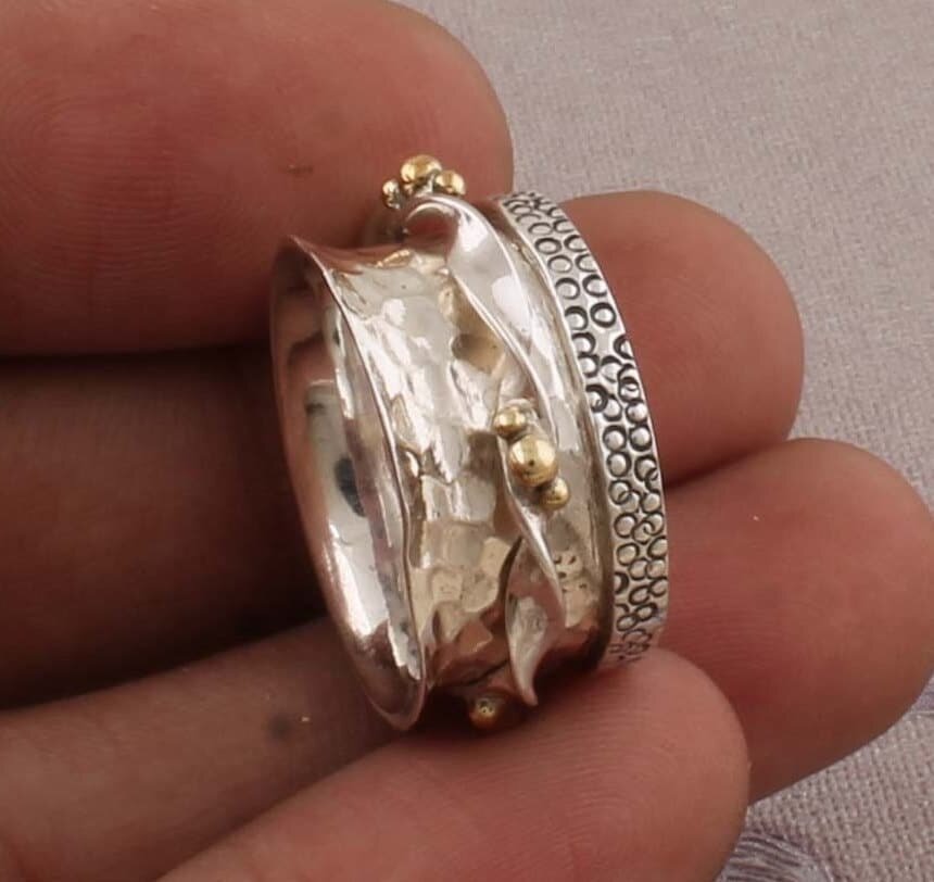 Two Tone Ring 925-Sterling Silver Ring, Spinner Ring, Antique Silver Ring, Brass With Silver Spinner Ring Thumb Ring Gift For Her Cyber