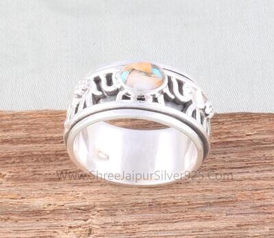 Oyster Copper Turquoise Oval Solid 925 Sterling Silver Elephant Spinner Ring For Women, Handmade Band Anxiety Fidget Ring Gifts Anniversary