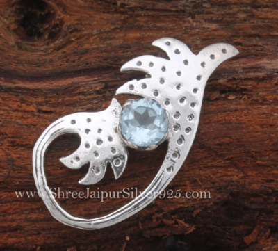 Plant 925 Sterling Silver Blue Topaz Pendant Necklace, Designer Silver Necklace, Handmade Valentine's Day Jewelry Gift