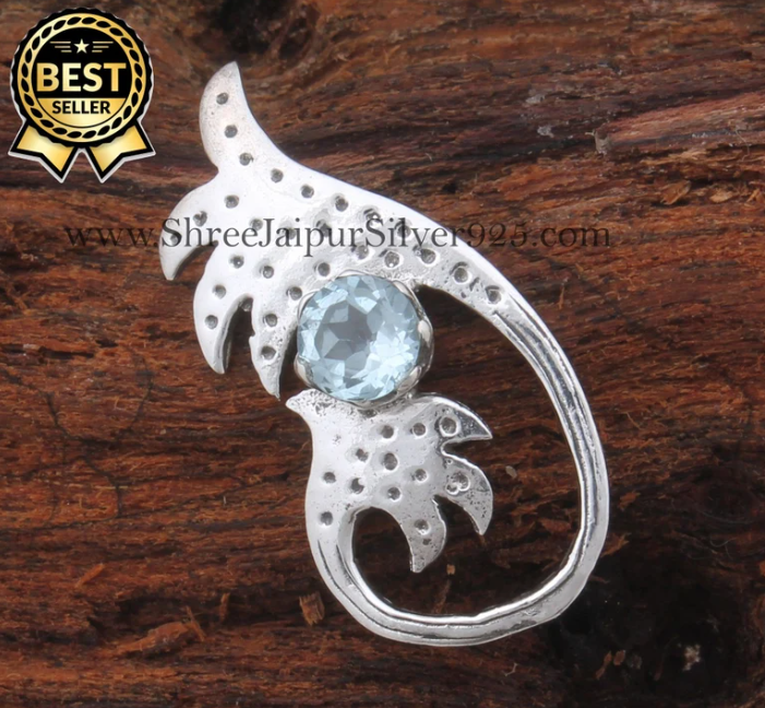 Plant 925 Sterling Silver Blue Topaz Pendant Necklace, Designer Silver Necklace, Handmade Valentine's Day Jewelry Gift