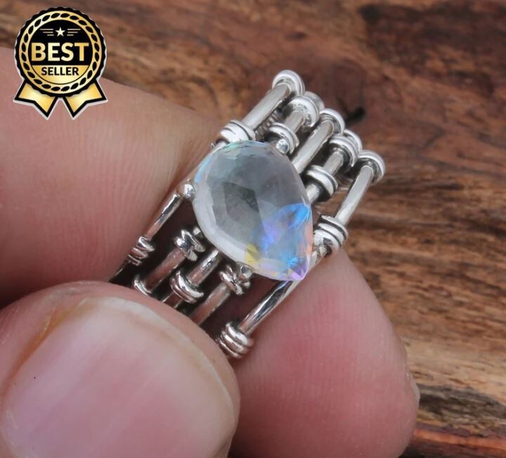 Solid 925 Sterling Silver Ring, Rainbow Quartz Gemstone Spinner Ring, Spinning Ring, Meditation Fidget Ring , Weaved Layered Ring Gift Idea