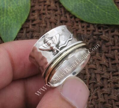 Honey Bee Solid 925 Sterling Silver Band Ring Fidget Spinner Ring Handmade Anxiety Ring Gift For Her Two Tone Band Ring Hammered Band Ring