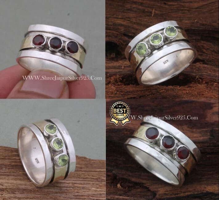 Red Garnet Spinner Ring, 925 Sterling Silver Ring, Meditation Ring, Wide Band Two Tone Ring, Three Stone Ring, Chunky Ring for Women Ring