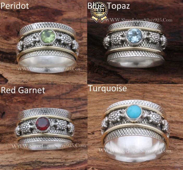 Four Birthstone Solid 925 Sterling Silver &amp; Brass Jewelry Spinner Turtle Textured Spinner Ring Handmade Two Tone Gemstone Spin Ring