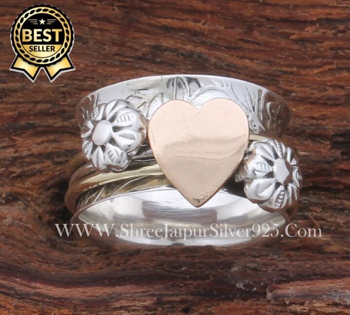 Heart &amp; Flower Designer Solid 925 Sterling Silver Spinner Ring For Women, Handmade Wide Engraved Band Ring Gift For Her Birthday Anniversary