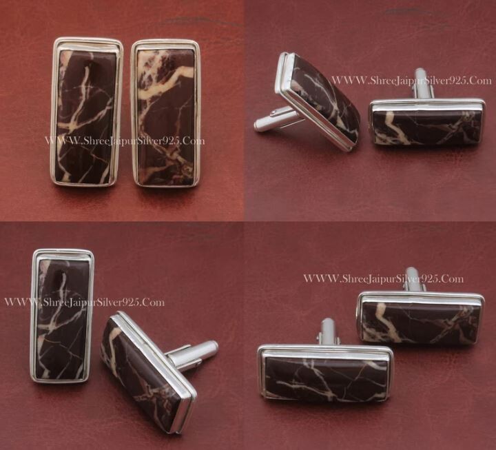 Coco Jasper Gemstone Silver Cufflink, Solid 925 Sterling Silver Cufflink, Rectangle Gemstone Cufflink Handmade Silver Cufflink Gift For Him