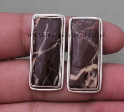 Coco Jasper Gemstone Silver Cufflink, Solid 925 Sterling Silver Cufflink, Rectangle Gemstone Cufflink Handmade Silver Cufflink Gift For Him