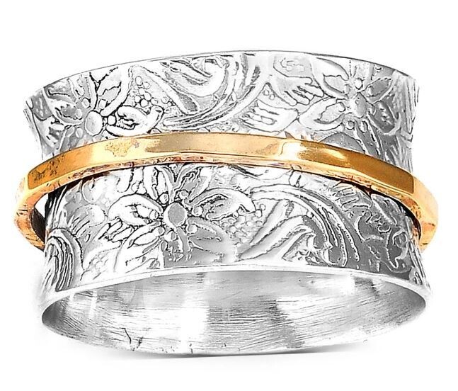 Flower Ring, Nature Ring, Spinner Ring, Sterling Silver Ring for Women, Meditation Spinning Wide Band, Anxiety Worry Fidget Ring