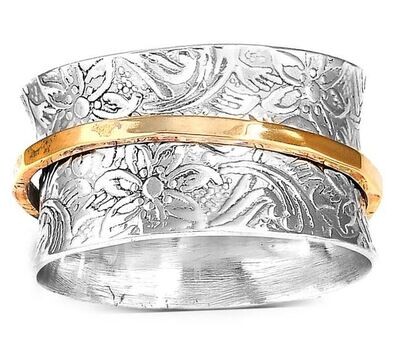 Flower Ring, Nature Ring, Spinner Ring, Sterling Silver Ring for Women, Meditation Spinning Wide Band, Anxiety Worry Fidget Ring