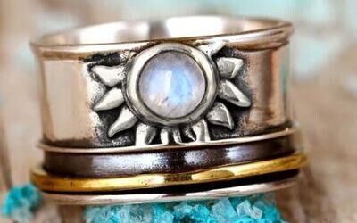Sun Ring, Moonstone Ring, Fidget Anxiety Ring, Sterling Silver Ring for Women, Meditation Spinner Ring, Boho Celestial Jewelry