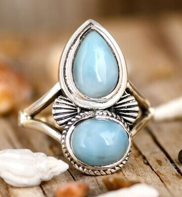 Two Stone Larimar Ring, Sterling Silver Ring for Women, Blue Stone Ring, Statement Teardrop Gemstone Ring, Boho Jewelry