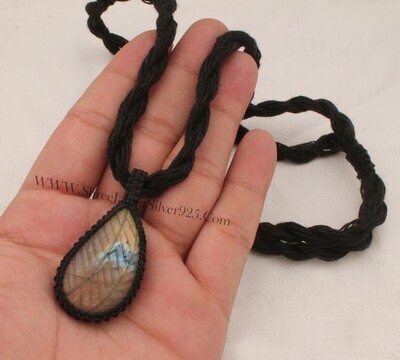Carving Labradorite Flashy Gemstone Pendant Necklace Gifts For Her, Handmade Gemstone Jewelry Gift Black Thread Pear Bohemian Necklace