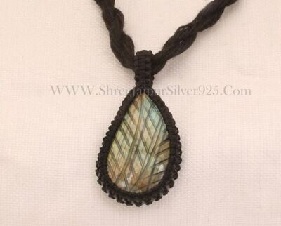 Handmade Gemstone Jewelry Gift Black Thread Pear Bohemian Necklace, Carving Labradorite Flashy Gemstone Pendant Necklace Gifts For Her