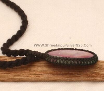 Ruby Zoisite Macramé Pendant Necklace Gift Women, Handmade Gemstone Macramé Jewelry Gifts Idea, Black Thread Oval Gemstone Bohemian Necklace