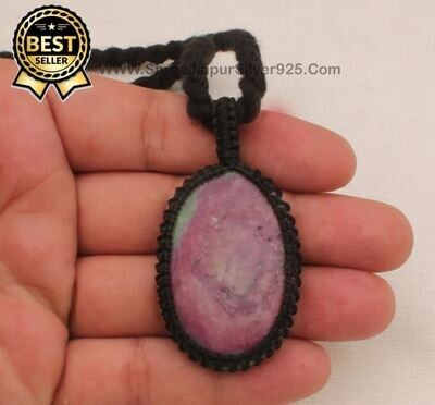 Ruby Zoisite Macramé Pendant Necklace Gift Women, Handmade Gemstone Macramé Jewelry Gifts Idea, Black Thread Oval Gemstone Bohemian Necklace